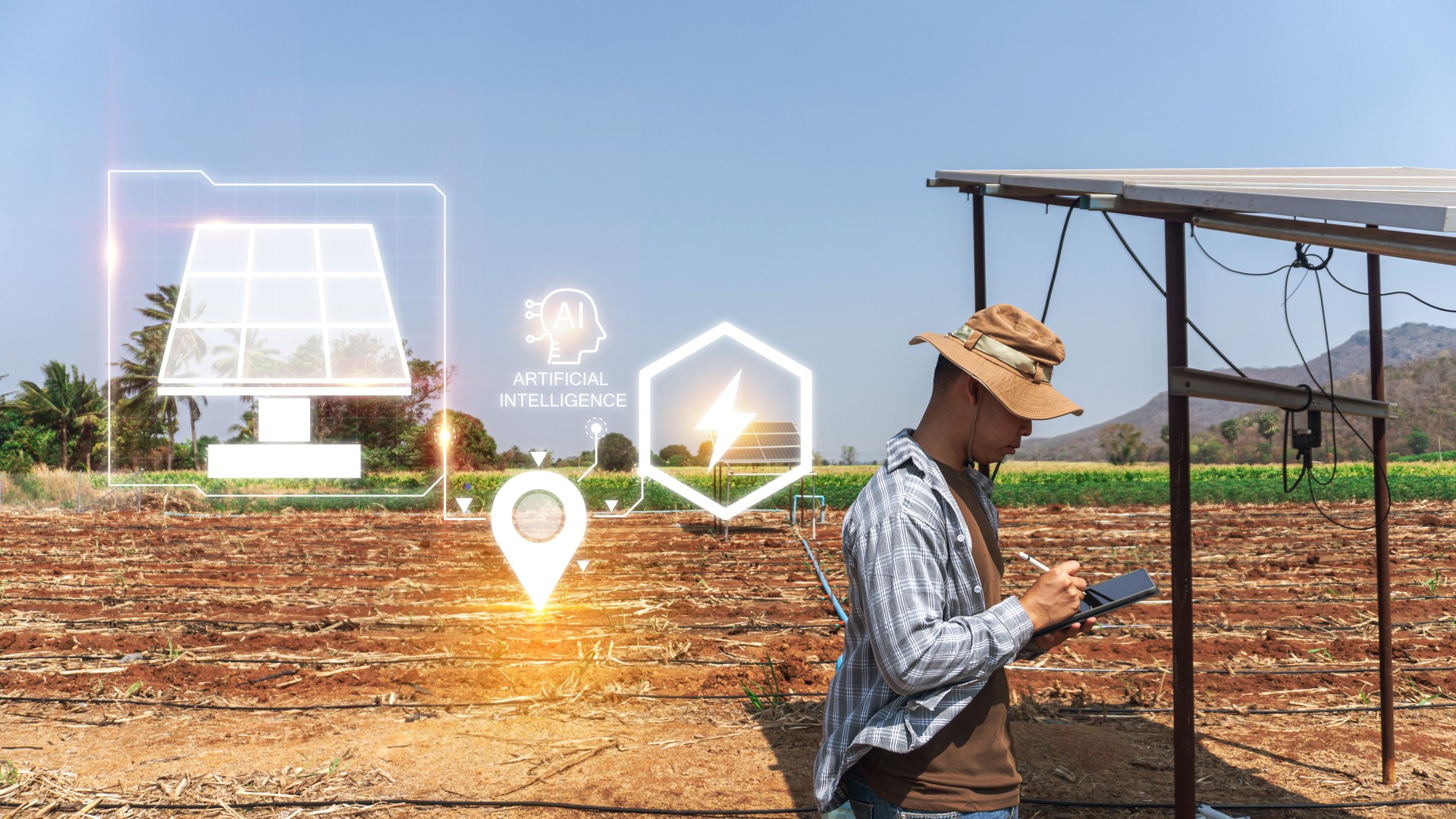 agriculturist is checking an operation of sun and cleanliness of photovoltaic solar panels. smart farming concept, Water system technology in solar energy agriculture. Water pumps and solar panels.